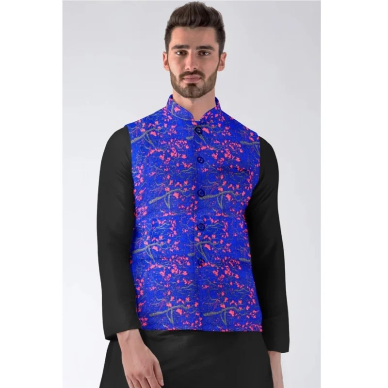 Alternative view of Men's Jacquard Printed Full Sleeve Waistcoat (Blue)