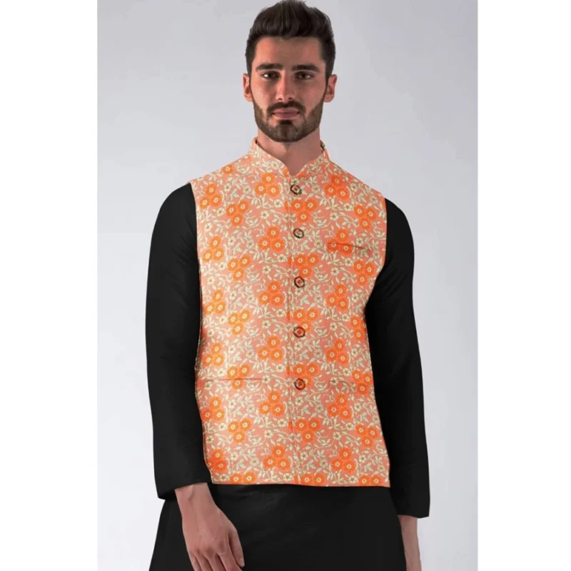 Alternative view of Men's Jacquard Printed Full Sleeve Waistcoat (Orange)