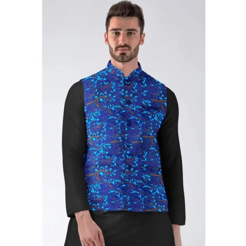 Alternative view of Men's Jacquard Printed Full Sleeve Waistcoat (Blue)