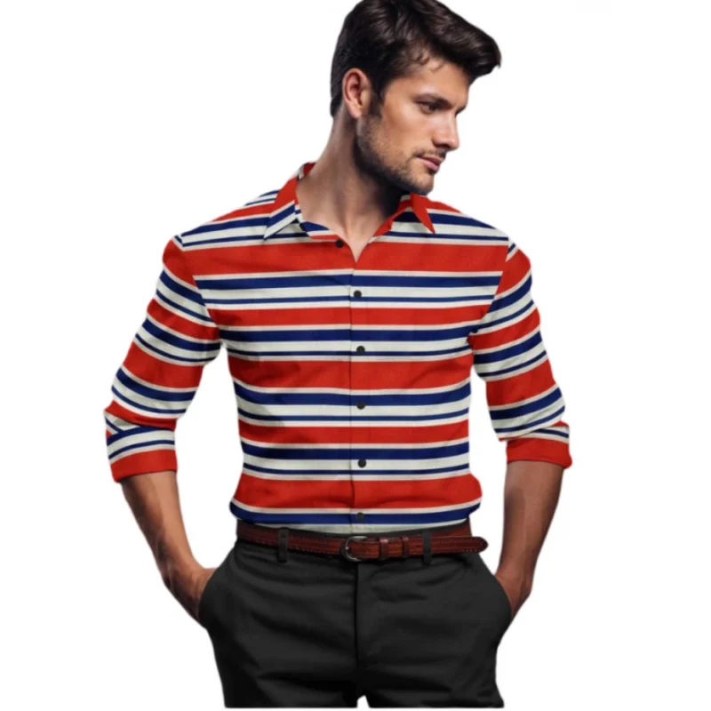 Men's Cotton Blended Striped Full Sleeve Shirt (Red-Blue)