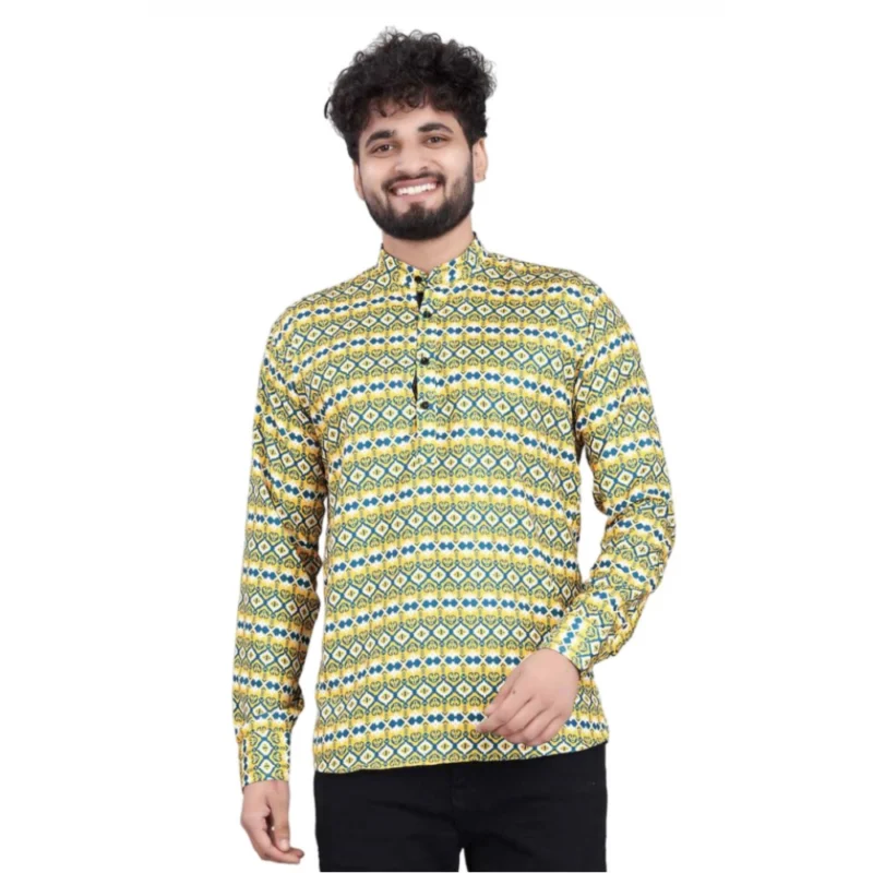 Men's Cotton Blended Printed Full Sleeve Shortkurta (Multicolor)