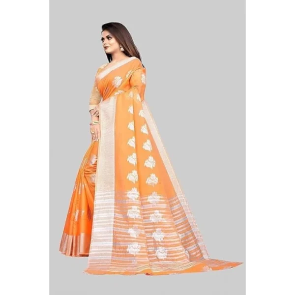Generic Women's Cotton Silk Floral Saree With Unstitched Blouse (Orange, 5.5 Mtr) - Image 5
