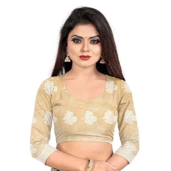 Generic Women's Cotton Silk Floral Saree With Unstitched Blouse (Beige, 5.5 Mtr) - Image 3