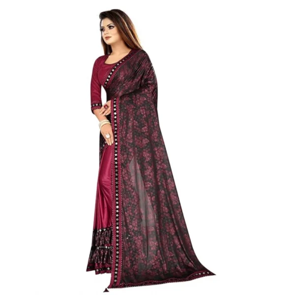 Generic Women's Lycra Solid Saree With Unstitched Blouse (Maroon, 5.5 Mtr) - Image 3