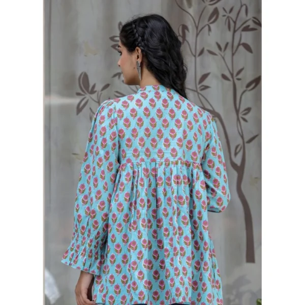 Women's Cotton Printed Full Sleeve Mandarin collar Tunics (Turquoise) - Image 4