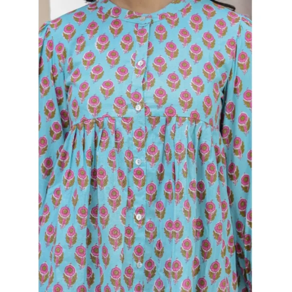 Women's Cotton Printed Full Sleeve Mandarin collar Tunics (Turquoise) - Image 2