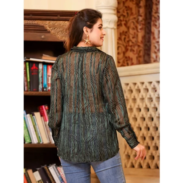 Women's Chiffon Striped Full Sleeve Collared Shirt Top (Green) - Image 6