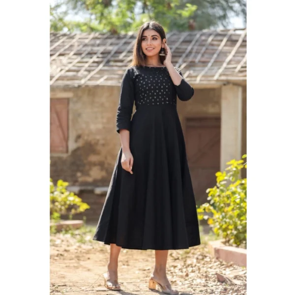 Women's Cotton Solid 3/4 Sleeve Round Neck Kurti (Black) - Image 5