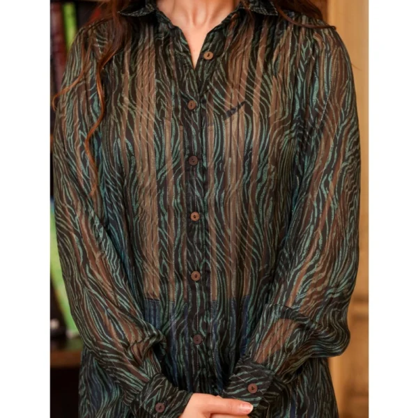 Women's Chiffon Striped Full Sleeve Collared Shirt Top (Green) - Image 2