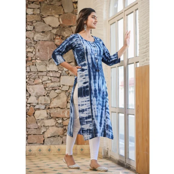 Women's Cotton Dyed 3/4 Sleeve Round Neck Kurti (Blue) - Image 5