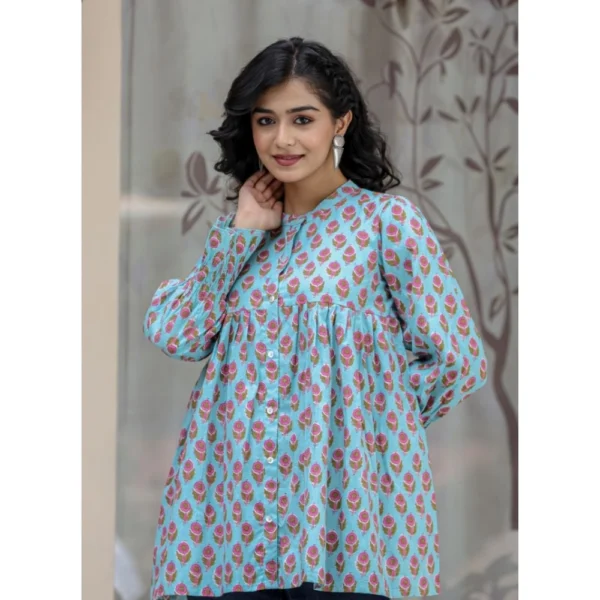 Women's Cotton Printed Full Sleeve Mandarin collar Tunics (Turquoise) - Image 3