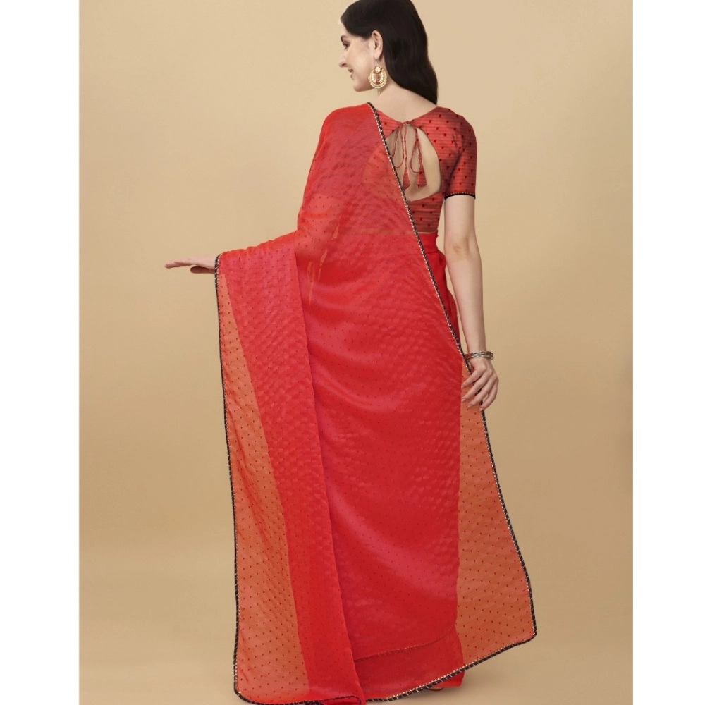 Women's Silk Blend Embellished Saree With Unstitched Blouse 5.5Mtr (Red) - Image 3