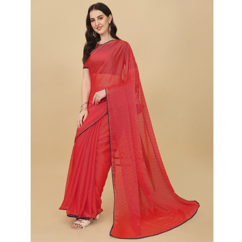 Women's Silk Blend Embellished Saree With Unstitched Blouse 5.5Mtr (Red) - Image 4