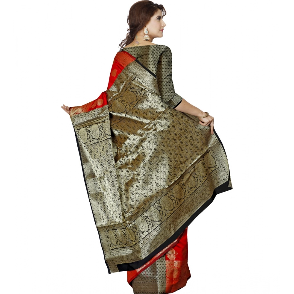 Women's Jacquard Woven Saree With Unstitched Blouse 5.5Mtr (Red) - Image 3