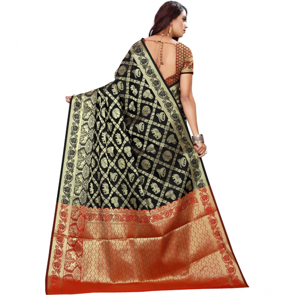 Women's Jacquard Woven Saree With Unstitched Blouse 5.5Mtr (Black) - Image 2