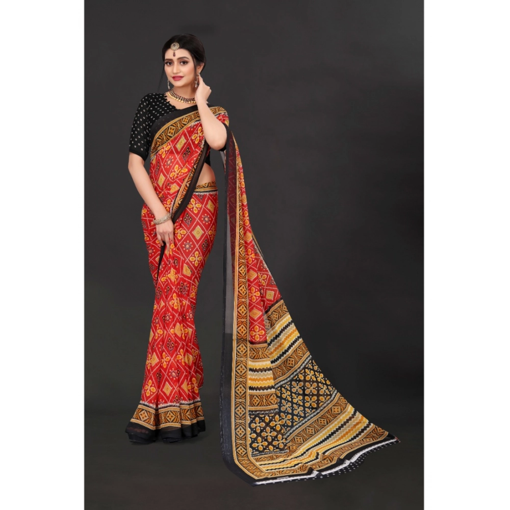 Women's Georgette Floral Print Saree With Unstitched Blouse 5.5Mtr (Red) - Image 3