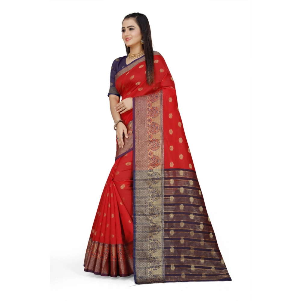 Women's Jacquard Woven Saree With Unstitched Blouse 5.5Mtr (Red) - Image 2