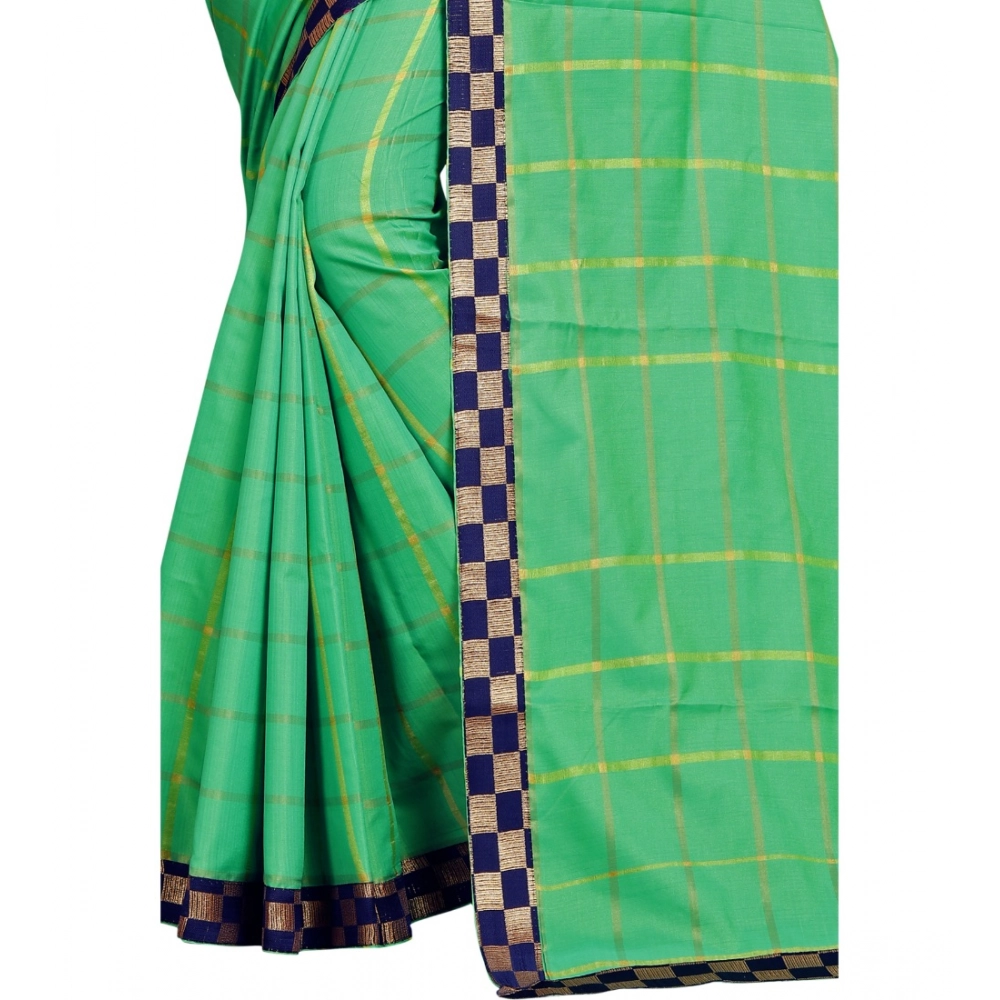 Women's Cotton Silk Checkered Saree With Unstitched Blouse 5.5Mtr (Green) - Image 3