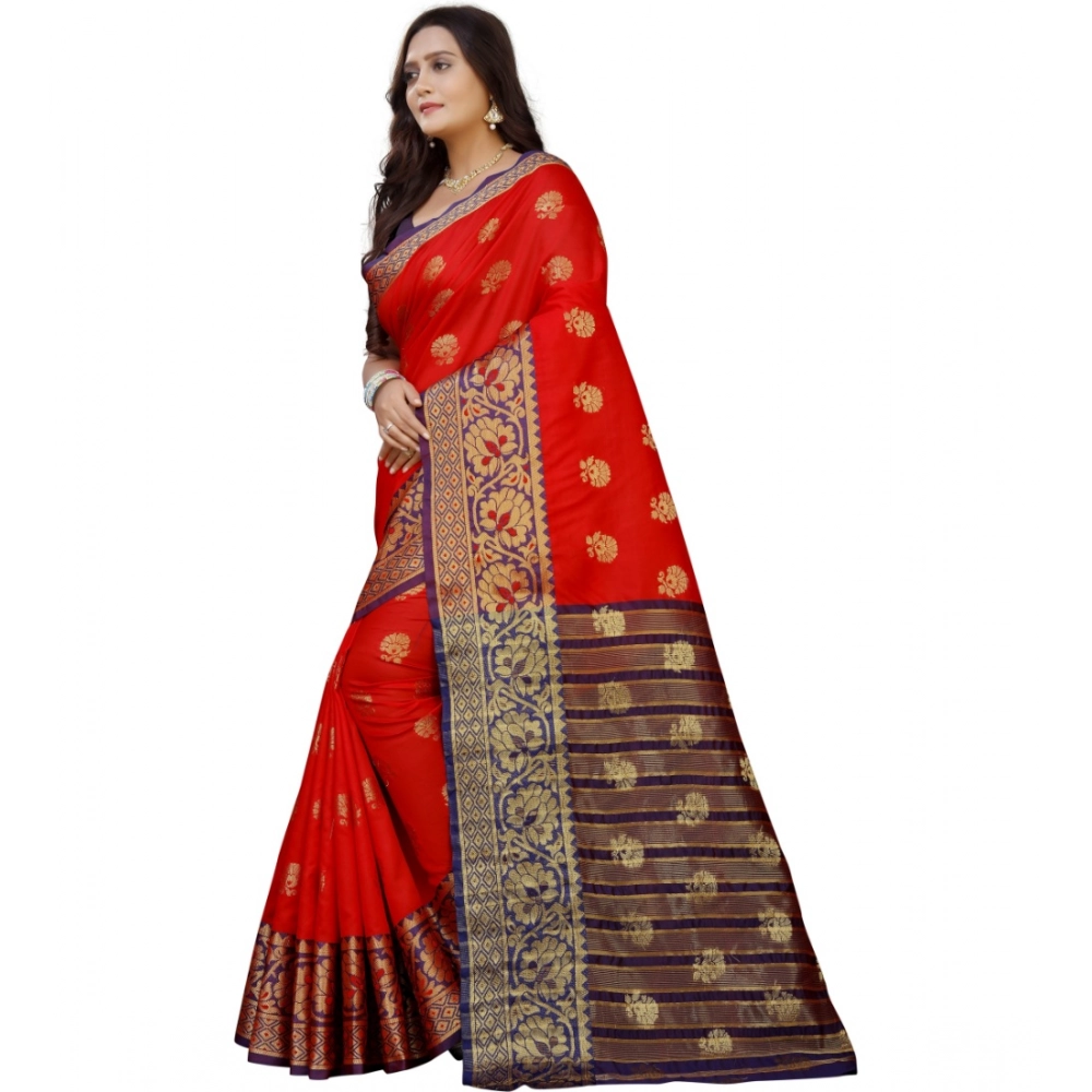 Women's Silk Blend Woven Saree With Unstitched Blouse 5.5Mtr (Purple-Red) - Image 3