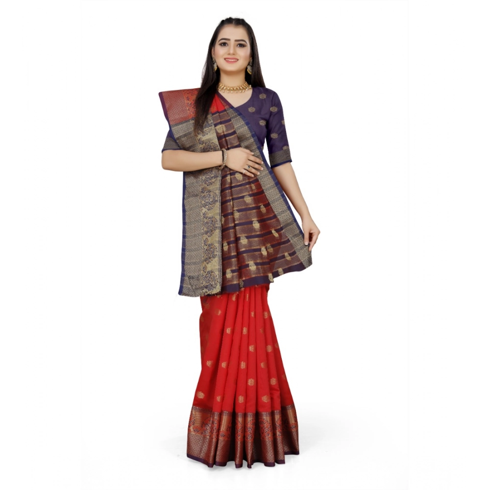 Women's Jacquard Woven Saree With Unstitched Blouse 5.5Mtr (Red) - Image 4