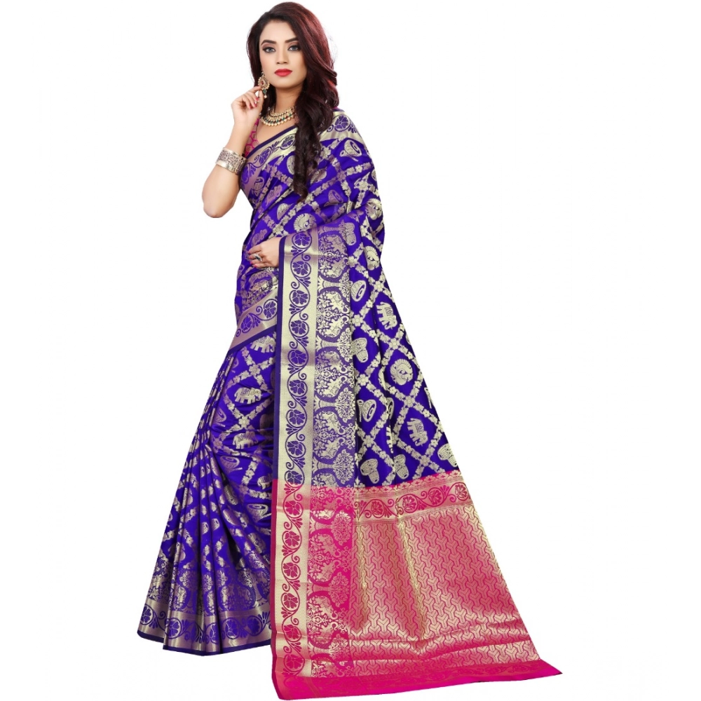 Women's Jacquard Woven Saree With Unstitched Blouse 5.5Mtr (Blue) - Image 3