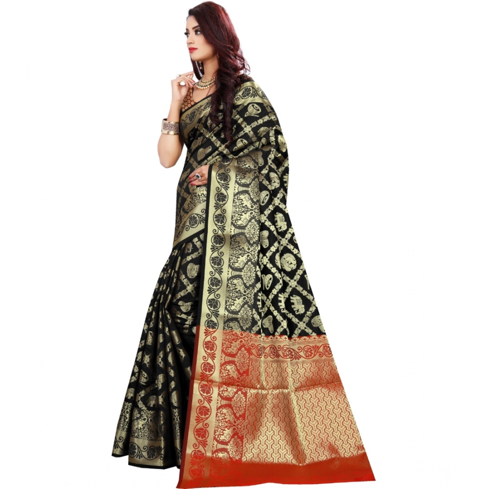 Women's Jacquard Woven Saree With Unstitched Blouse 5.5Mtr (Black) - Image 3
