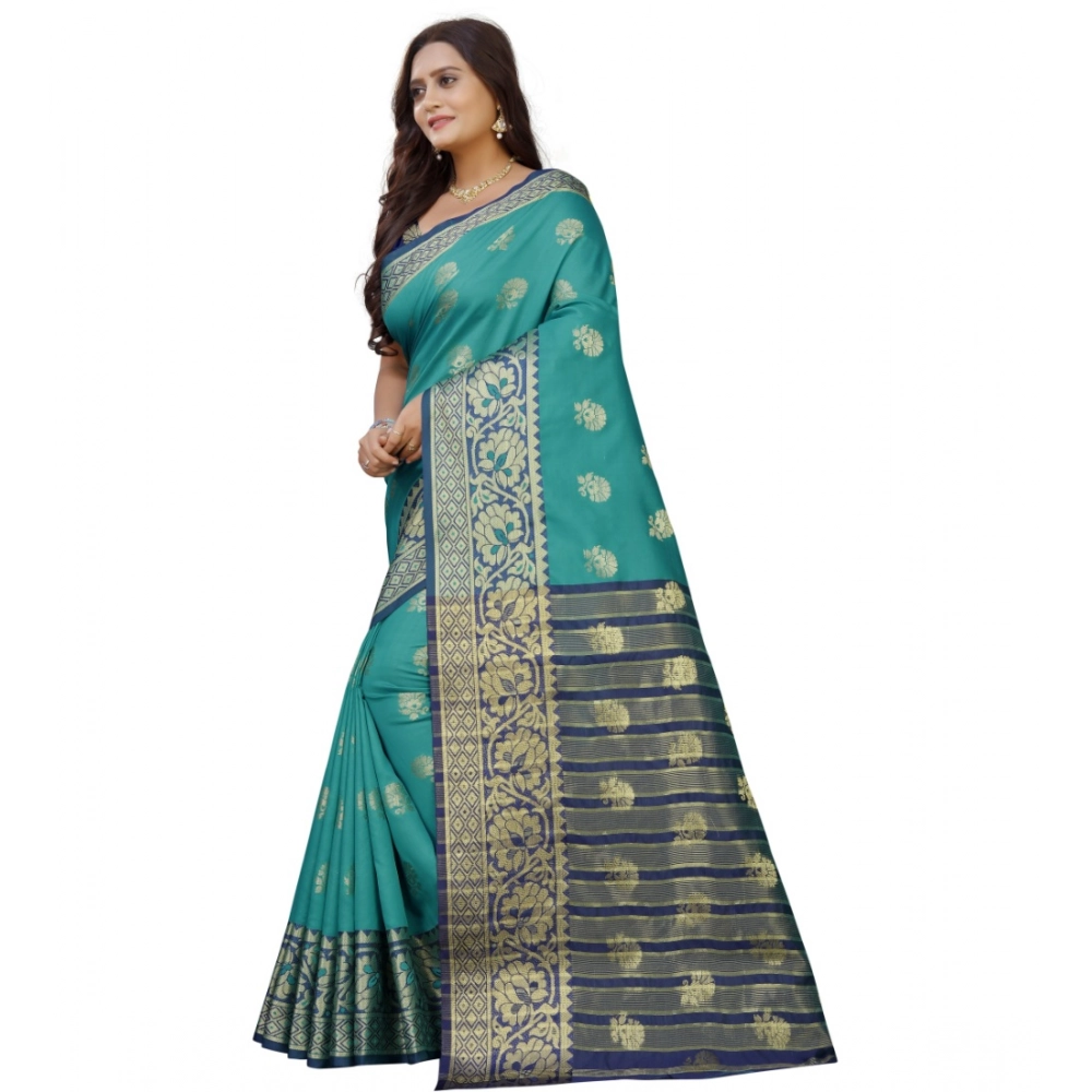Women's Silk Blend Woven Saree With Unstitched Blouse 5.5Mtr (Dark Blue-Green) - Image 2
