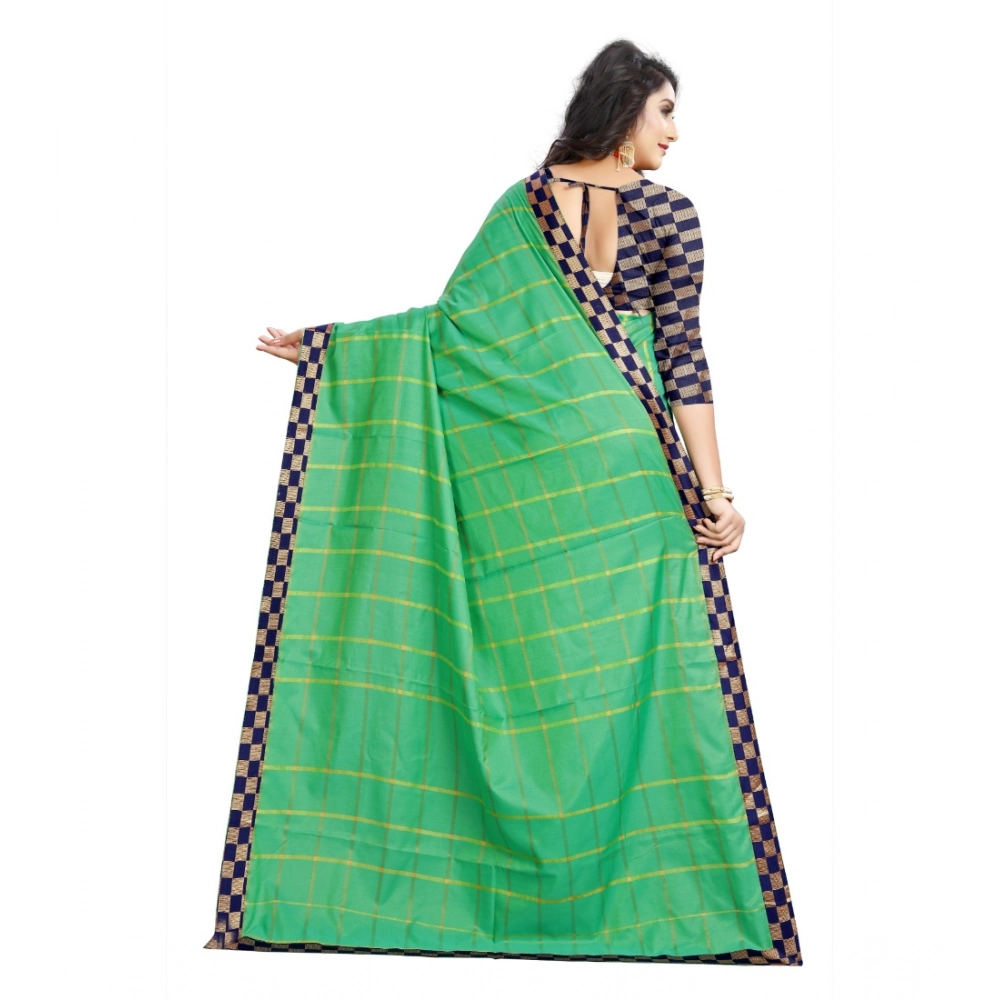 Women's Cotton Silk Checkered Saree With Unstitched Blouse 5.5Mtr (Green) - Image 4