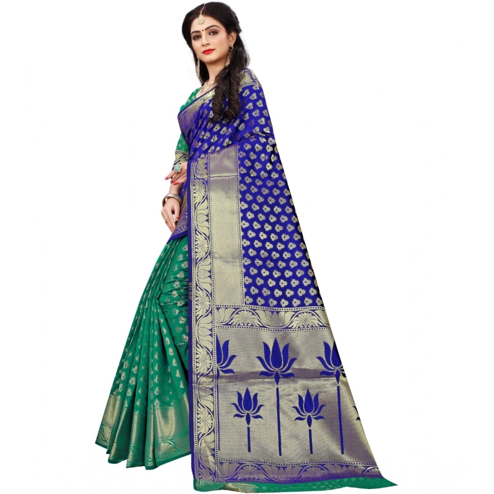 Women's Jacquard Woven Saree With Unstitched Blouse 5.5Mtr (Green) - Image 3
