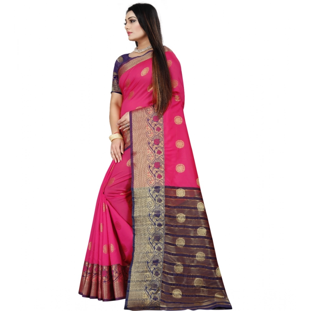 Women's Silk Blend Woven Saree With Unstitched Blouse 5.5Mtr (Blue-Pink) - Image 2