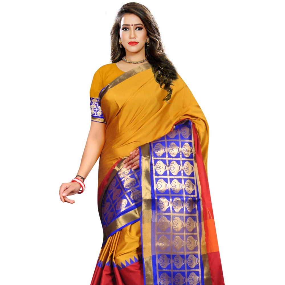 Women's Jacquard Woven Saree With Unstitched Blouse 5.5Mtr (Mustard) - Image 2
