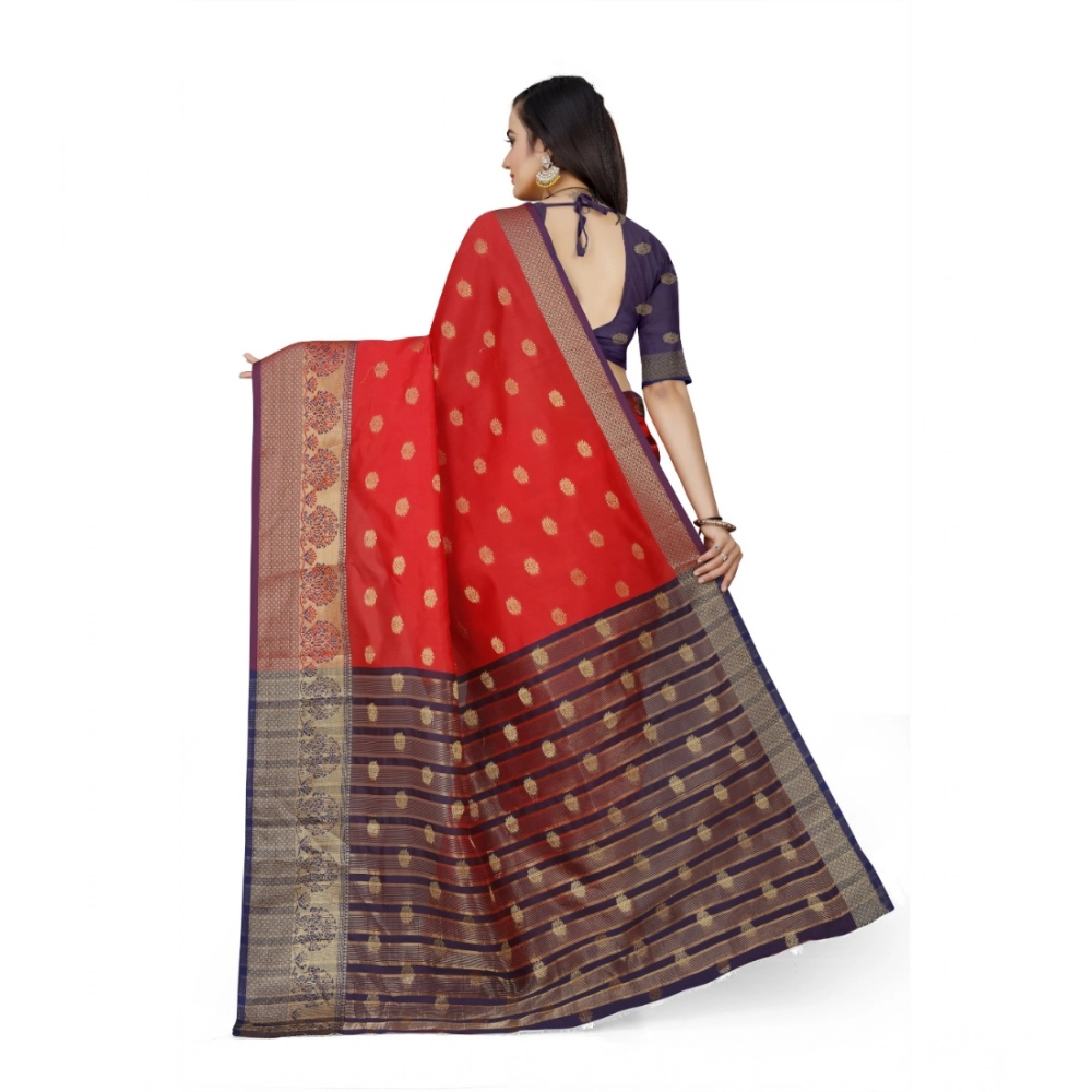 Women's Jacquard Woven Saree With Unstitched Blouse 5.5Mtr (Red) - Image 3