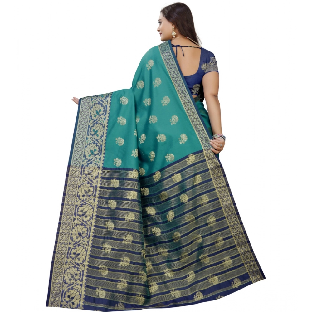 Women's Silk Blend Woven Saree With Unstitched Blouse 5.5Mtr (Dark Blue-Green) - Image 4