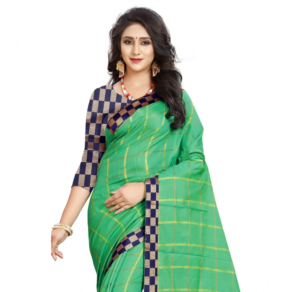 Women's Cotton Silk Checkered Saree With Unstitched Blouse 5.5Mtr (Green) - Image 2