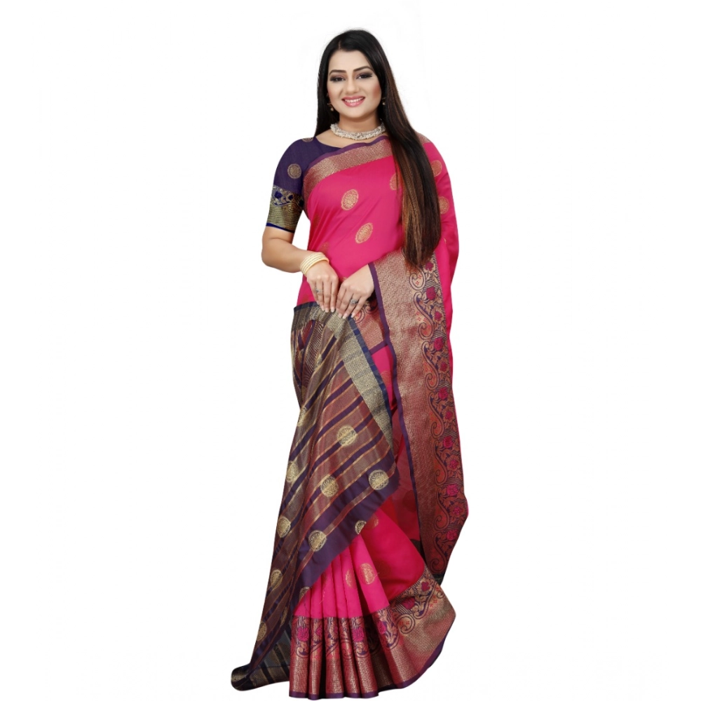 Women's Silk Blend Woven Saree With Unstitched Blouse 5.5Mtr (Blue-Pink) - Image 3