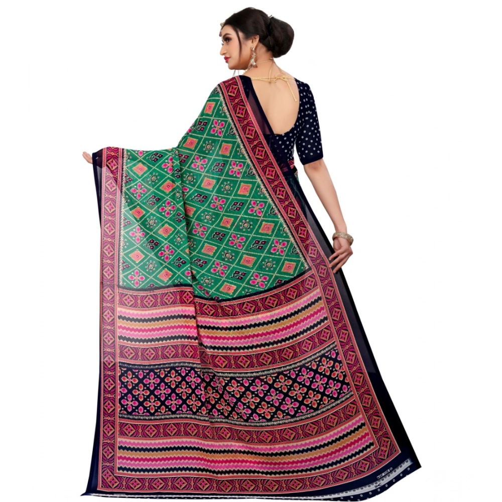 Women's Georgette Floral Print Saree With Unstitched Blouse 5.5Mtr (Green) - Image 3