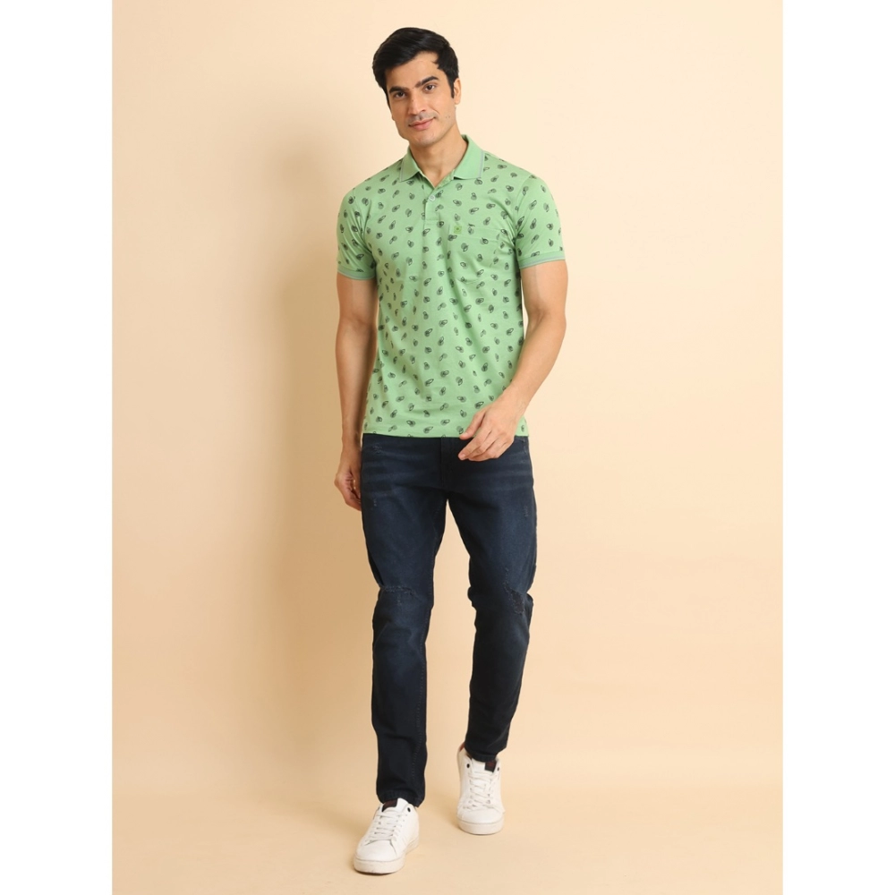 Men's Casual Cotton Printed Polo Neck Half Sleeve T-Shirt (Light Green) - Image 7