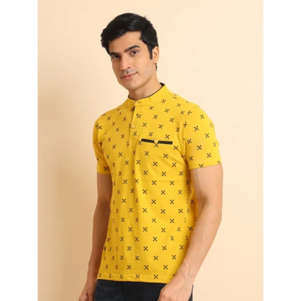 Men's Casual Cotton Printed Mandarin Collar Half Sleeve T-Shirt (Mustard) - Image 4