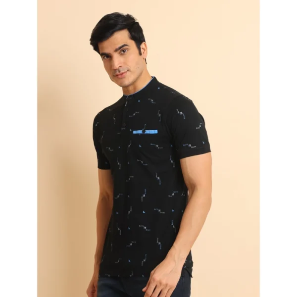 Generic Men's Casual Cotton Printed Mandarin Collar Half Sleeve T-Shirt (Navy) - Image 4