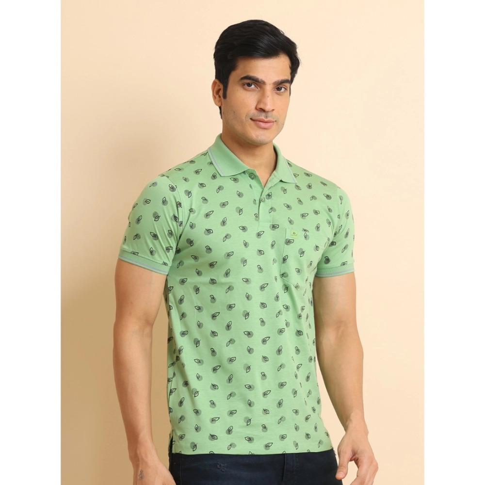 Men's Casual Cotton Printed Polo Neck Half Sleeve T-Shirt (Light Green) - Image 3