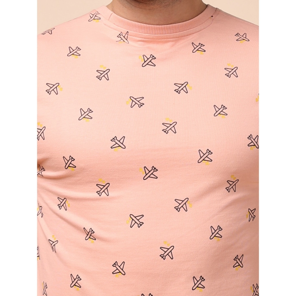 Men's Casual Cotton Printed Round Neck Full Sleeve Sweat T-Shirt (Peach) - Image 6