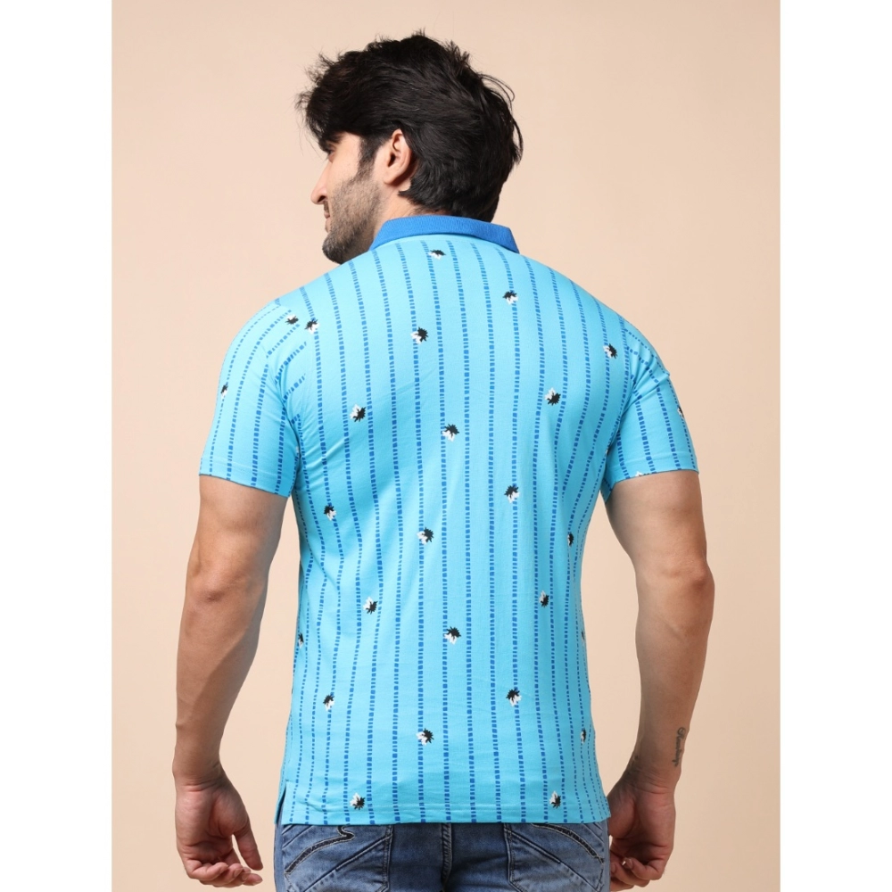 Men's Casual Cotton Printed Polo Neck Half Sleeve T-Shirt (Skyblue) - Image 2