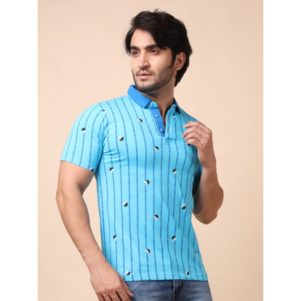 Men's Casual Cotton Printed Polo Neck Half Sleeve T-Shirt (Skyblue) - Image 4