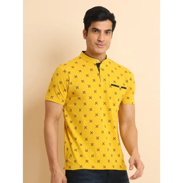 Men's Casual Cotton Printed Mandarin Collar Half Sleeve T-Shirt (Mustard) - Image 3