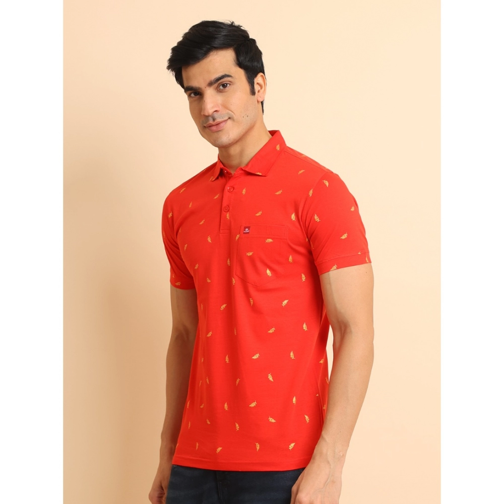Men's Casual Cotton Printed Polo Neck Half Sleeve T-Shirt (Red) - Image 4