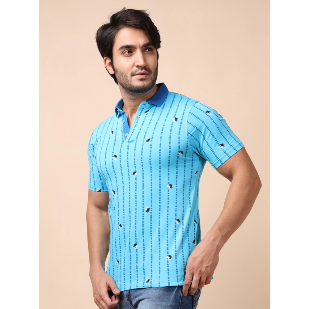 Men's Casual Cotton Printed Polo Neck Half Sleeve T-Shirt (Skyblue) - Image 3