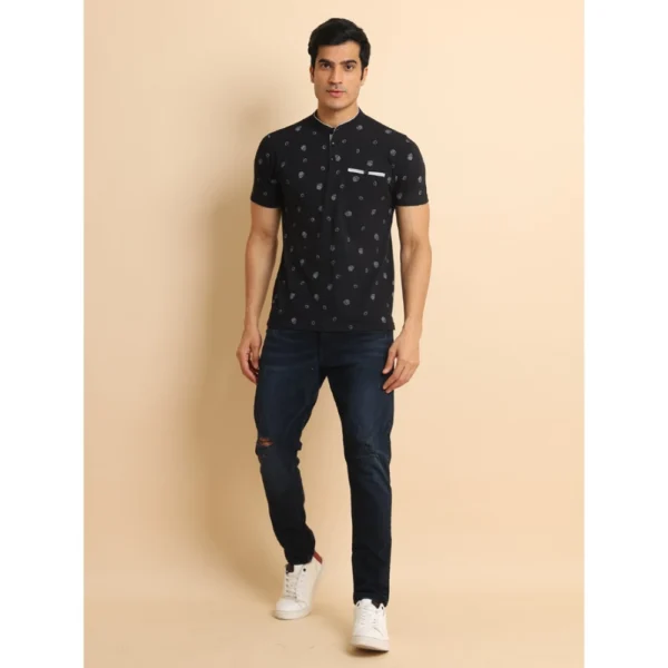 Generic Men's Casual Cotton Printed Mandarin Collar Half Sleeve T-Shirt (Black) - Image 7