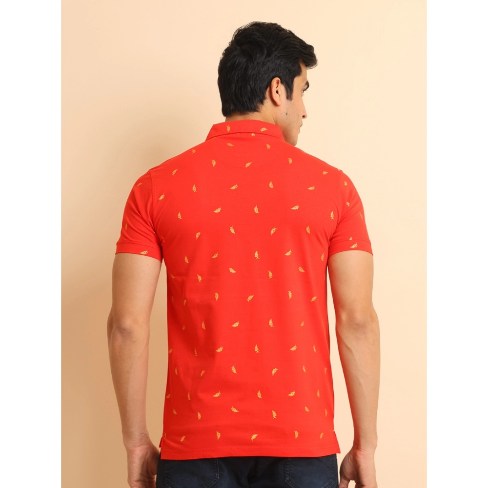 Men's Casual Cotton Printed Polo Neck Half Sleeve T-Shirt (Red) - Image 2