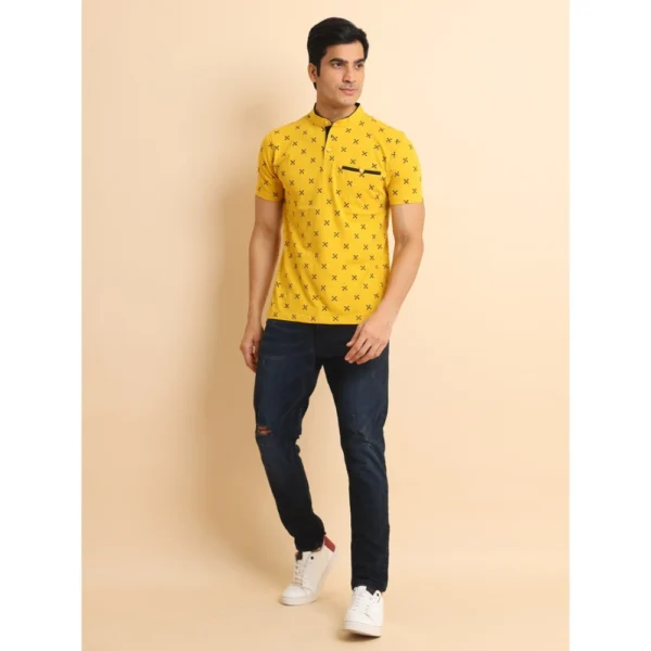 Men's Casual Cotton Printed Mandarin Collar Half Sleeve T-Shirt (Mustard) - Image 7