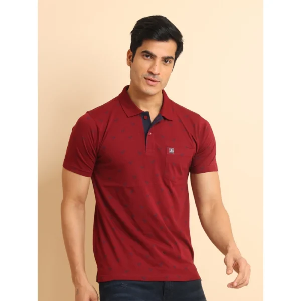Men's Casual Cotton Printed Polo Neck Half Sleeve T-Shirt (Red) - Image 3